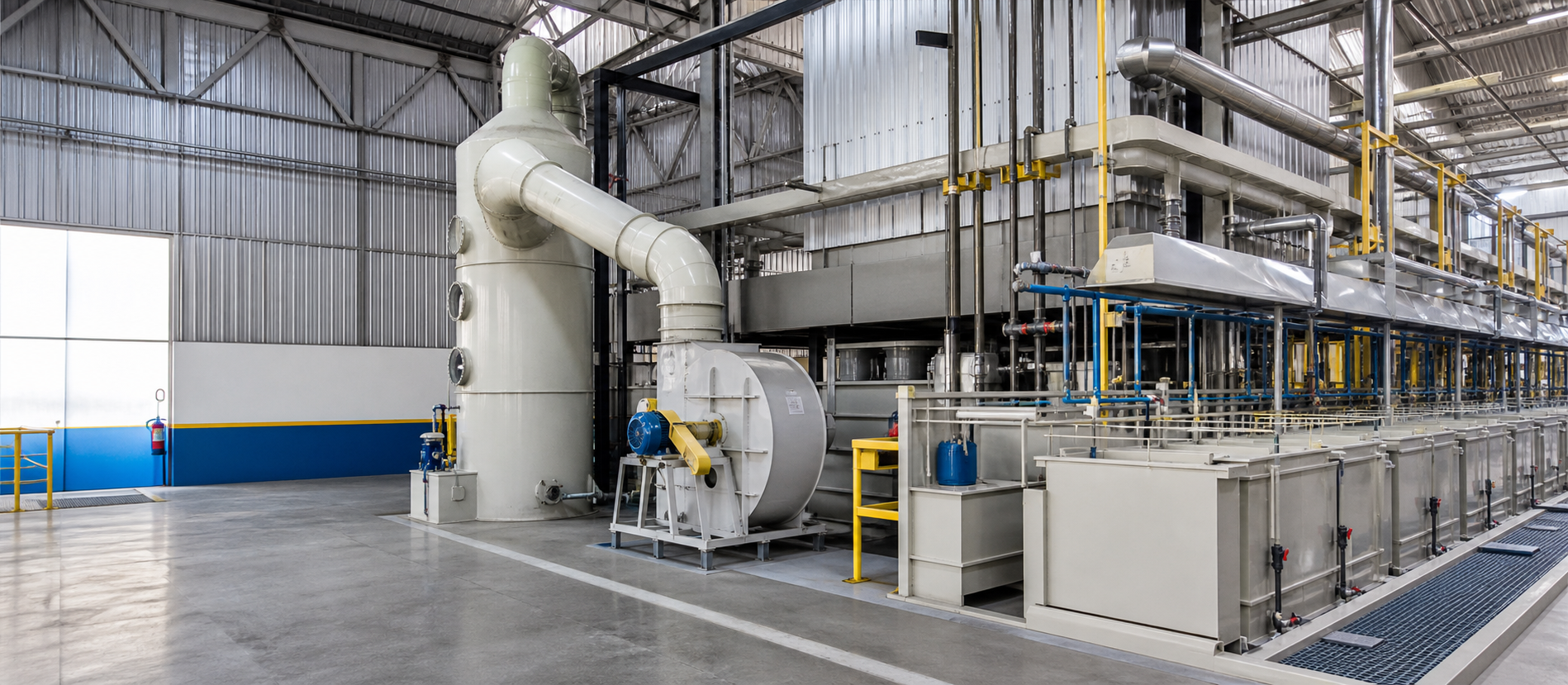 Lavador de gases, exaustor centrífugo e tanques de processo integrados a bombas magnéticas